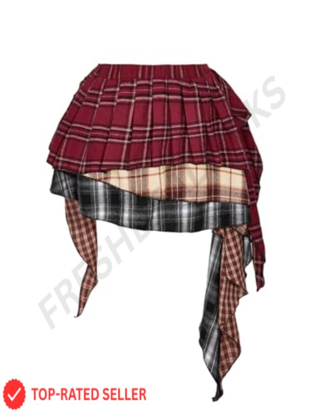 Plus Size Plaid Pleated Skirt, Asymmetrical High Low A-Line Mini Skirt